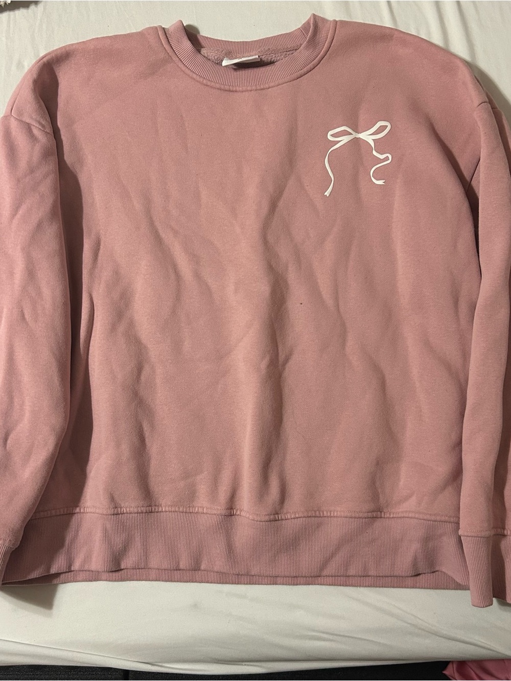 Dusty Rose Crewneck Sweatshirt with White Bow Graphic